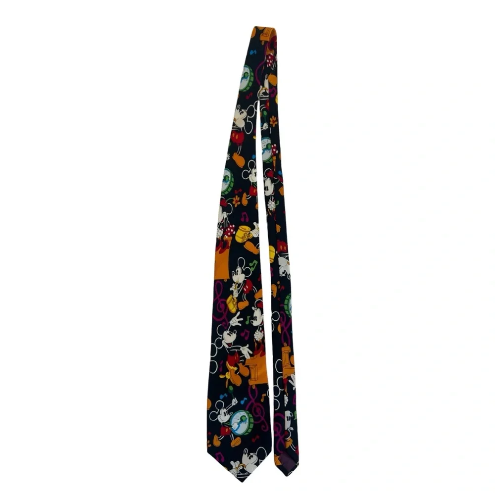 Disney Tie Mickey Mouse 100% Silk Black Band Music Clef Notes‎ Balancine Necktie
